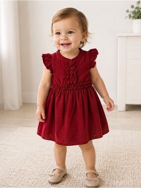 Baby GAP Red Corduroy Dress 18-24 Months Ruffle Button Holiday Toddler